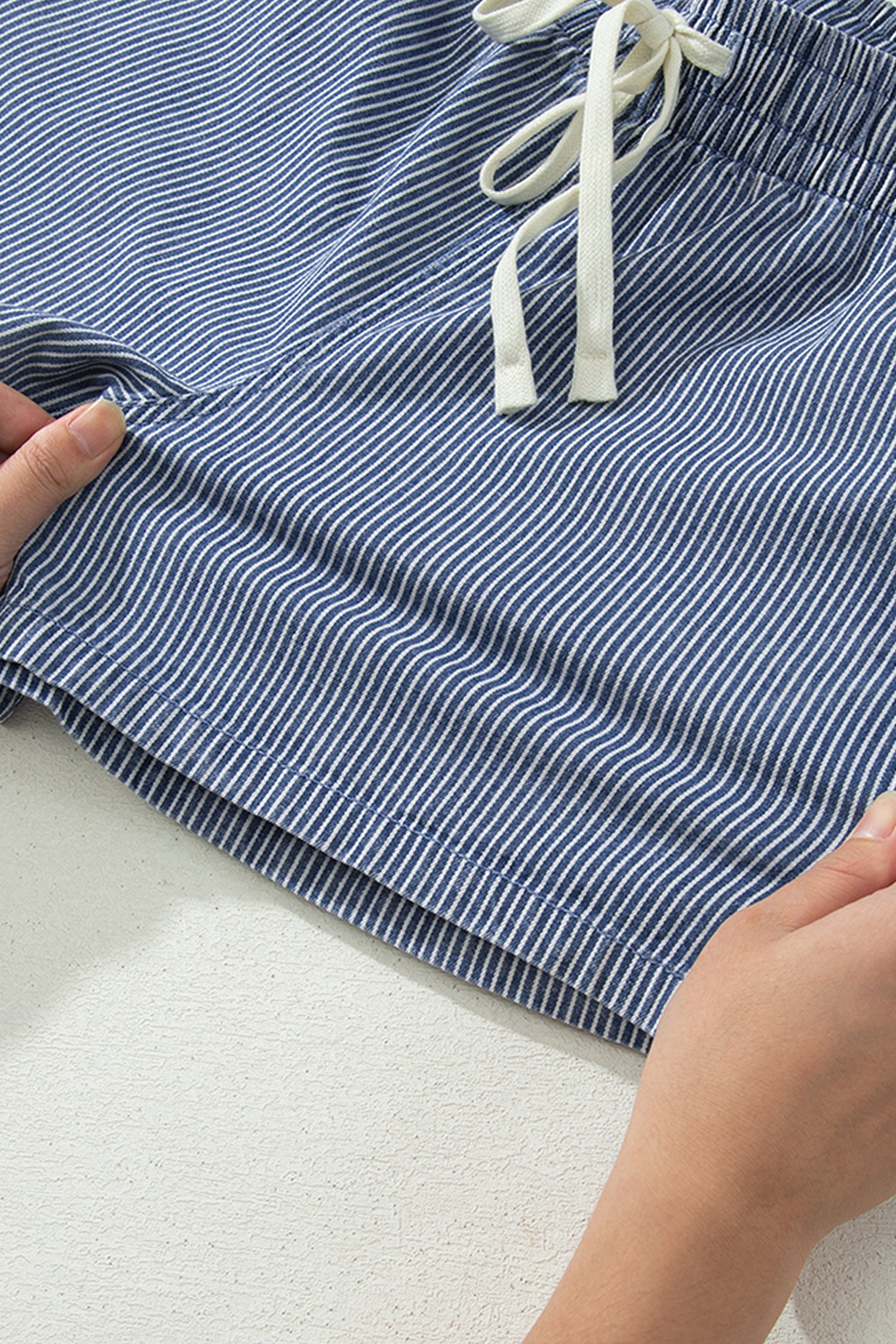 Blue Stripe Drawstring Elastic Waist Casual Denim Shorts
