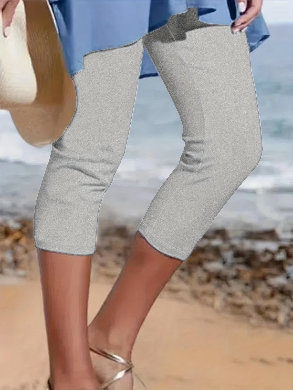 Solid Elastic Waist Medium Stretch Yoga Capri Leggings