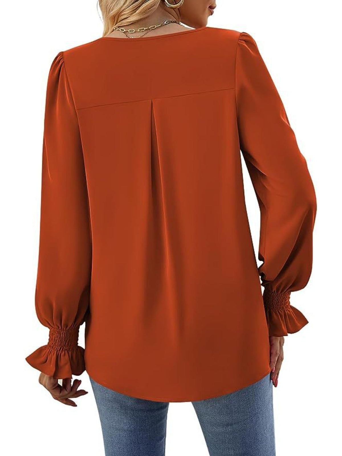 Solid V Neck Simple Blouse, Elegant Long Sleeve Ruched Blouse