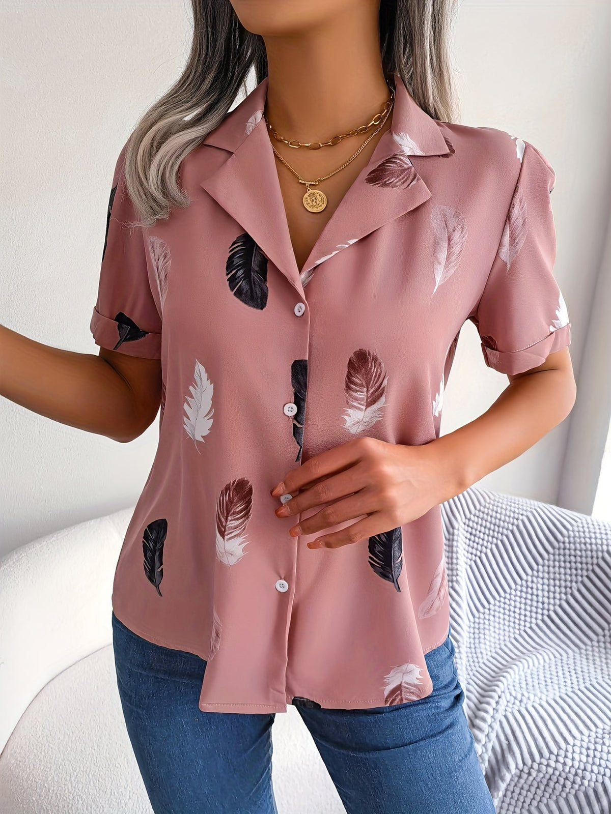 Feather Print Button Front Shirt, Casual Lapel Short Sleeve Shirt