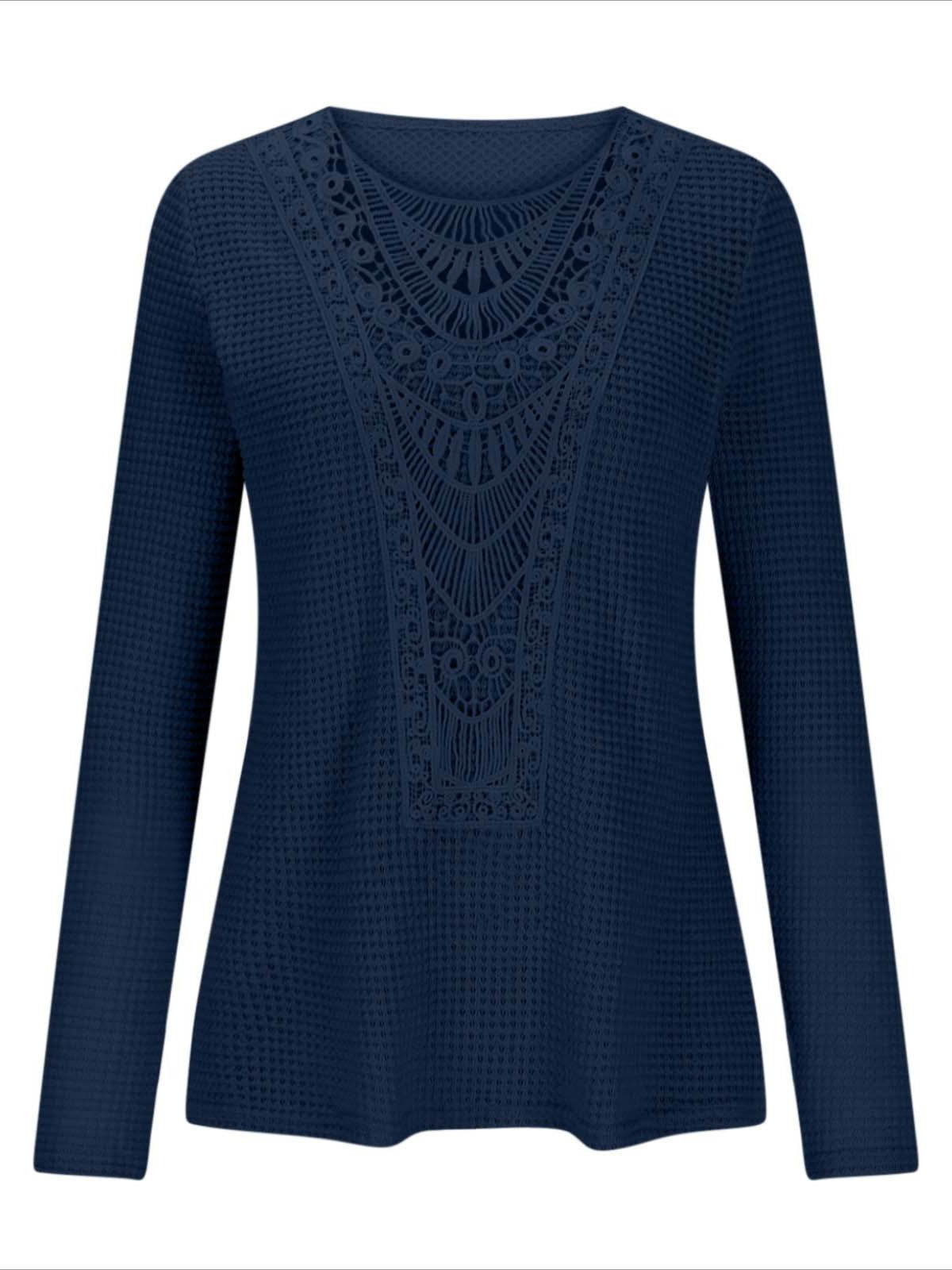 Pineapple Checked Lace Splicing Long Sleeve Solid Color T-shirt
