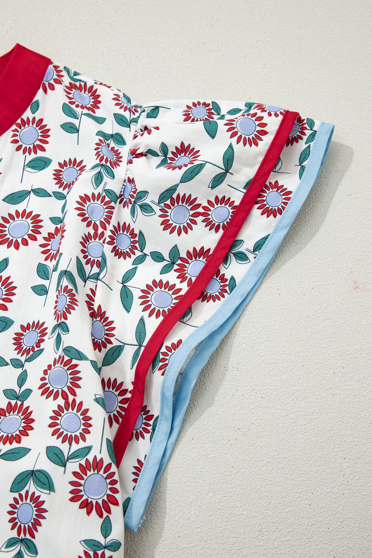 Red Cute Sunflower Printed Striped Patchwork Trim Flutter Sleeve Long Dress