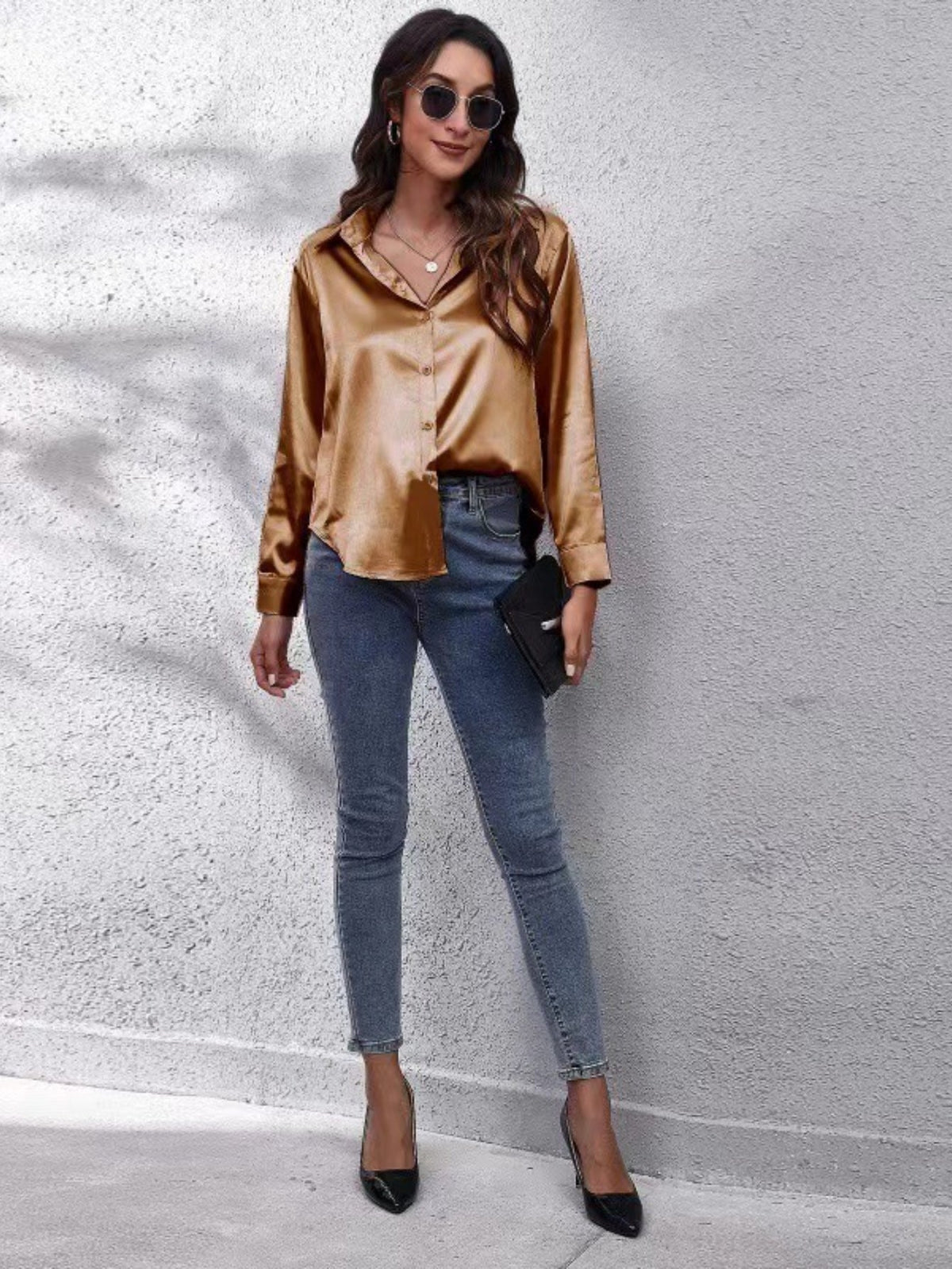 Lapel-collar Satin-satin-faux Silk Long-sleeved Shirt