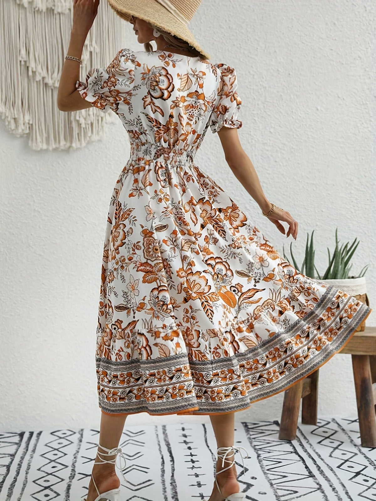 Floral Print V Neck Dress, Elegant Short Sleeve Dress