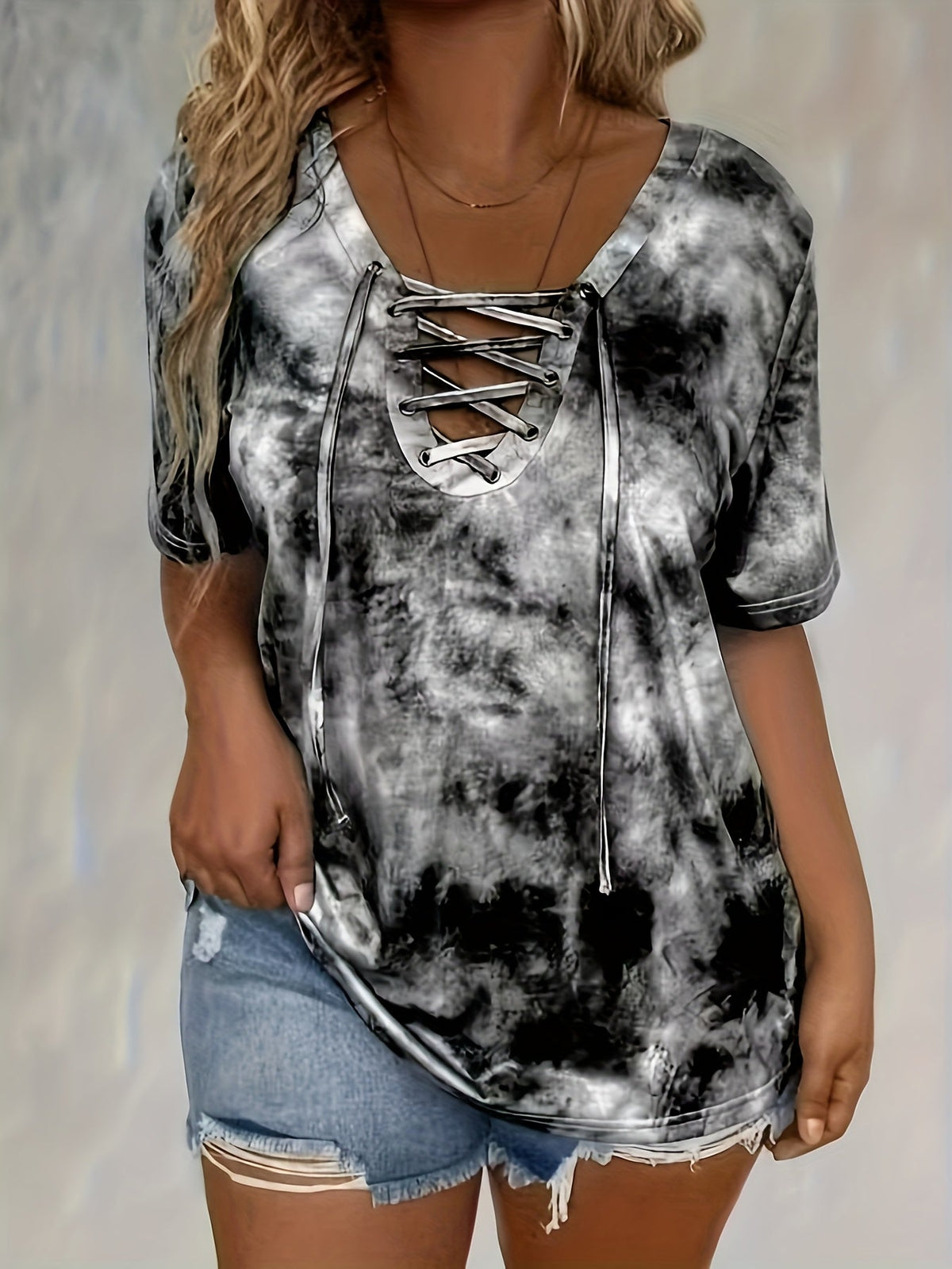 Print Front Button Drawstring Oversized Top