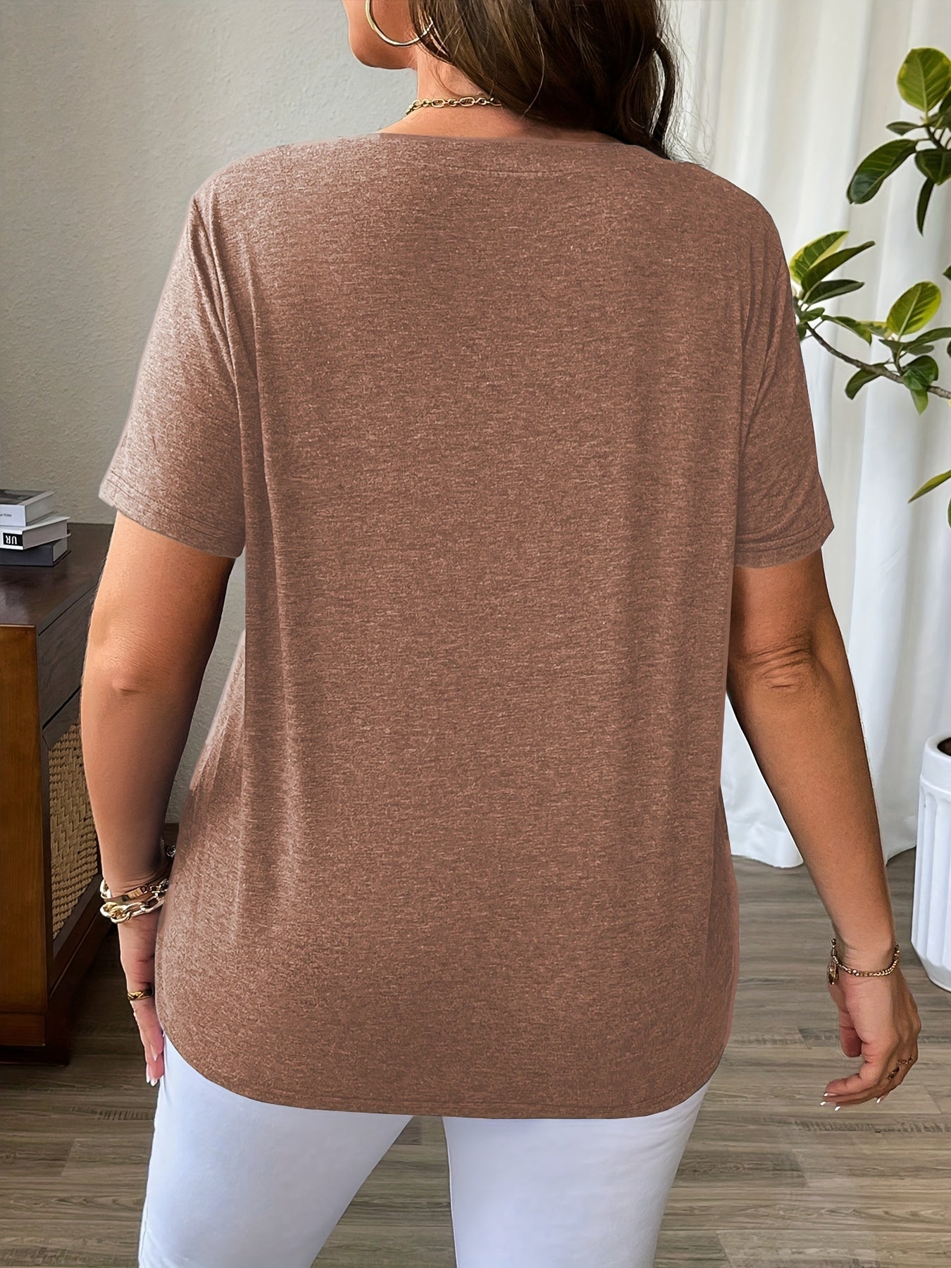 Solid Color T-Shirt with Crisscross V-Neck and Short Sleeves