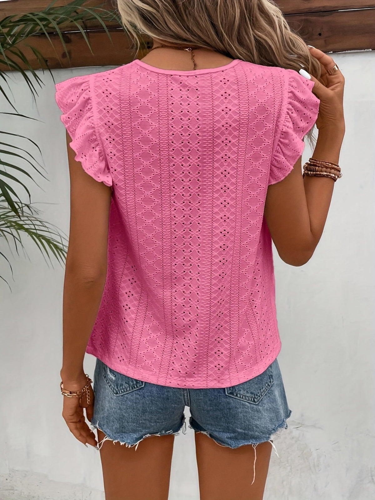 Solid Eyelet Ruffle Trim T-Shirt, Vintage Crew Neck T-Shirt