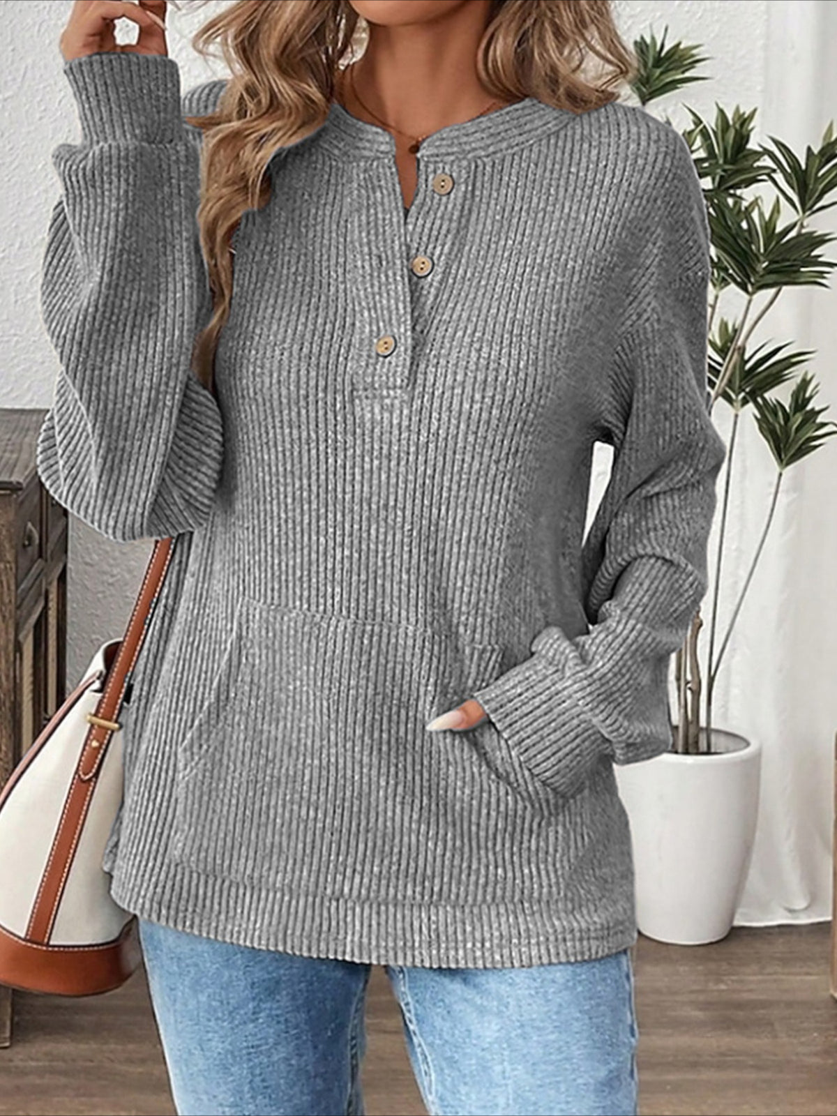 Ribbed Button Detail Long Sleeve T-Shirt
