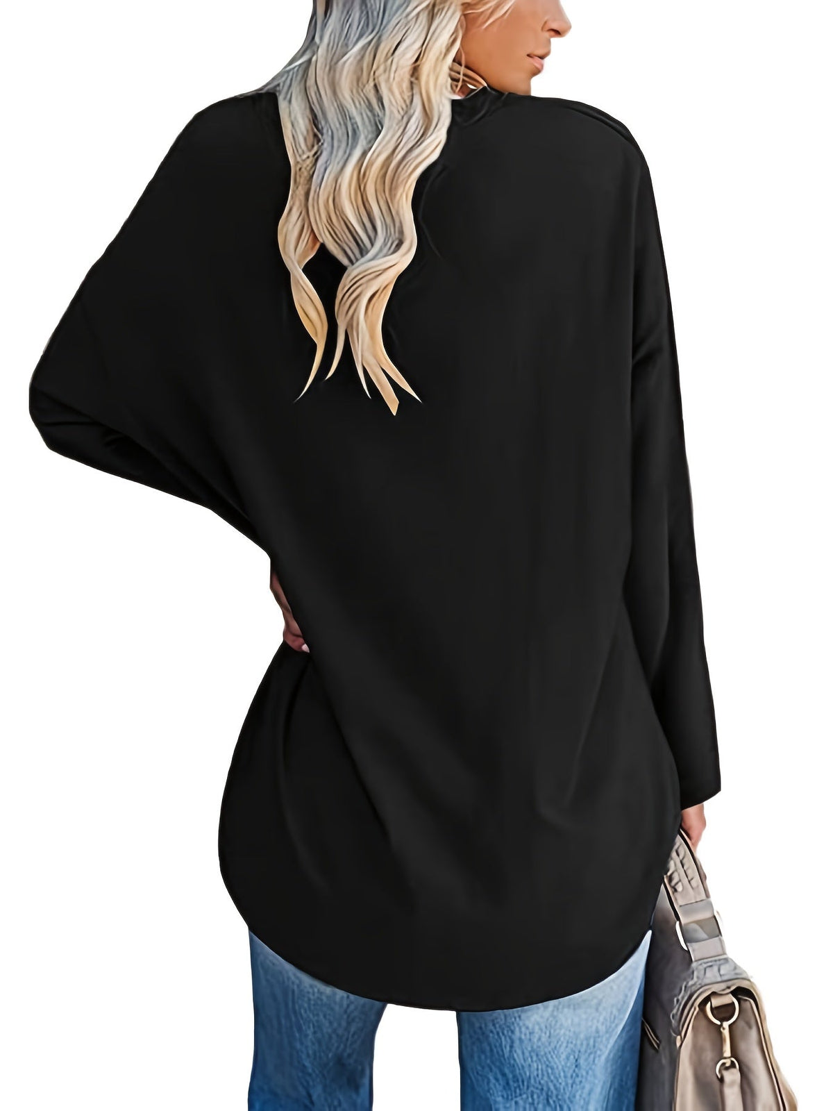 Women's Solid Color Oversized Tops, V-Neck Long Sleeve T-Shirts, Casual Loose Shirts