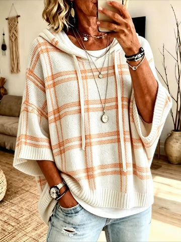 Plaid Hooded Knit Poncho Sweater with Drawstring