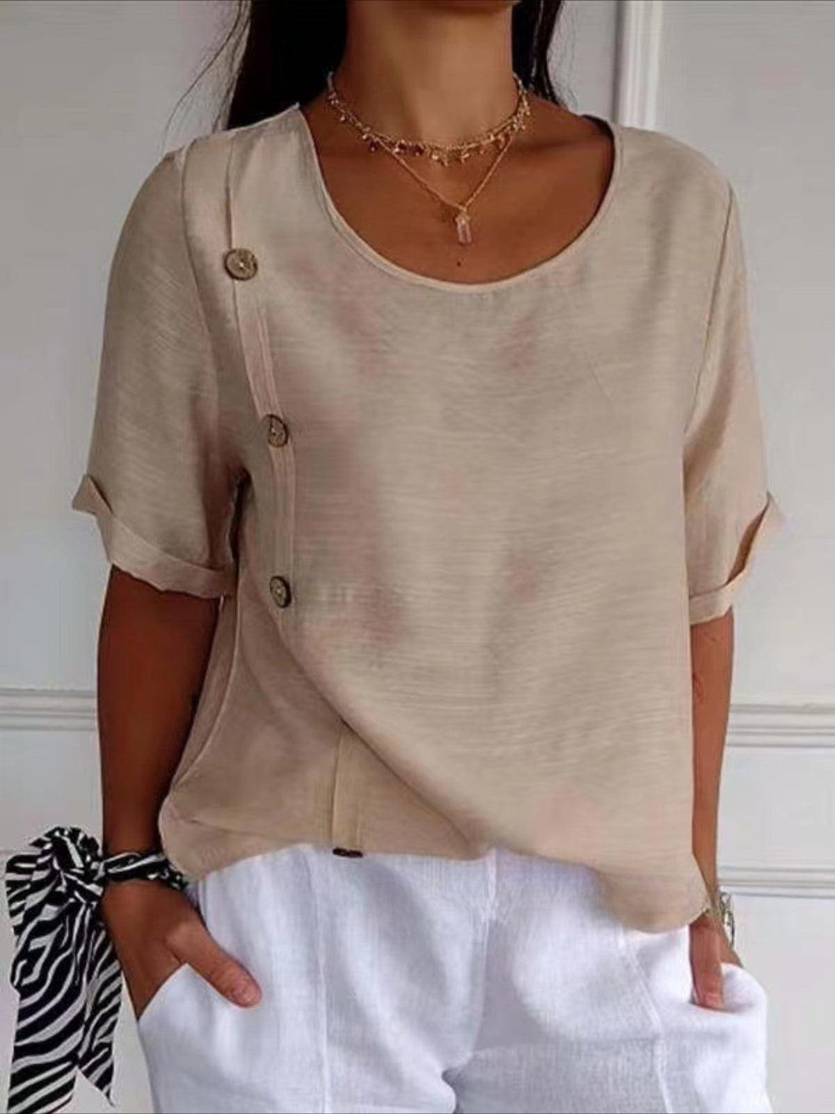 Elegant Solid Color Casual Loose Fit Crew Neck Shirt