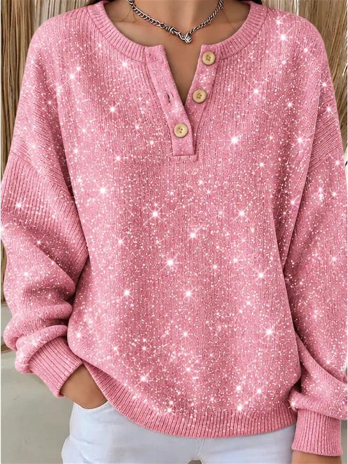 Christmas Button Crew Neck Long Sleeve Sweater