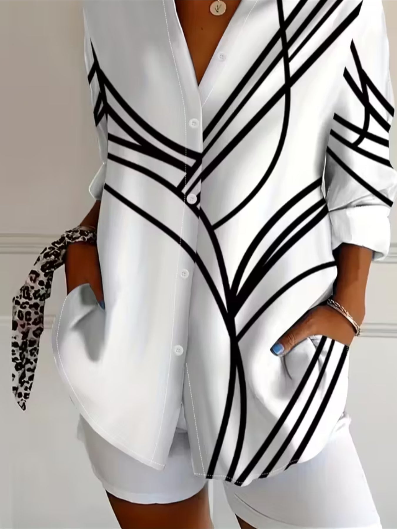 Casual Stripe Print Blouse with Lapel Collar
