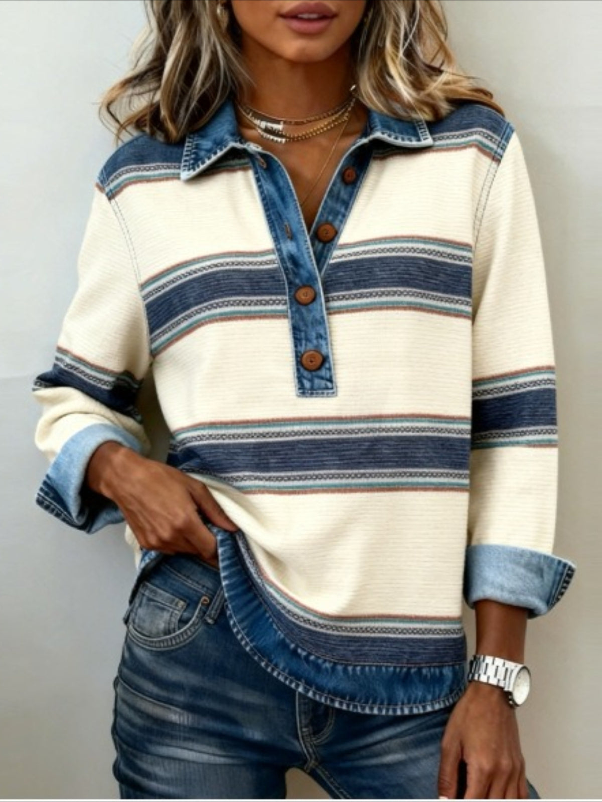 Striped Printed Twist College Style Denim Splicing Versatile Casual Knitted Lapel Long Sleeve Sweatshirts
