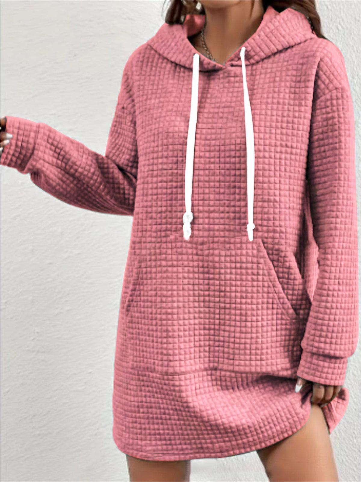 Stylish Textured Drawstring Dress - Comfy Hooded Long Sleeve with Kangaroo Pocket