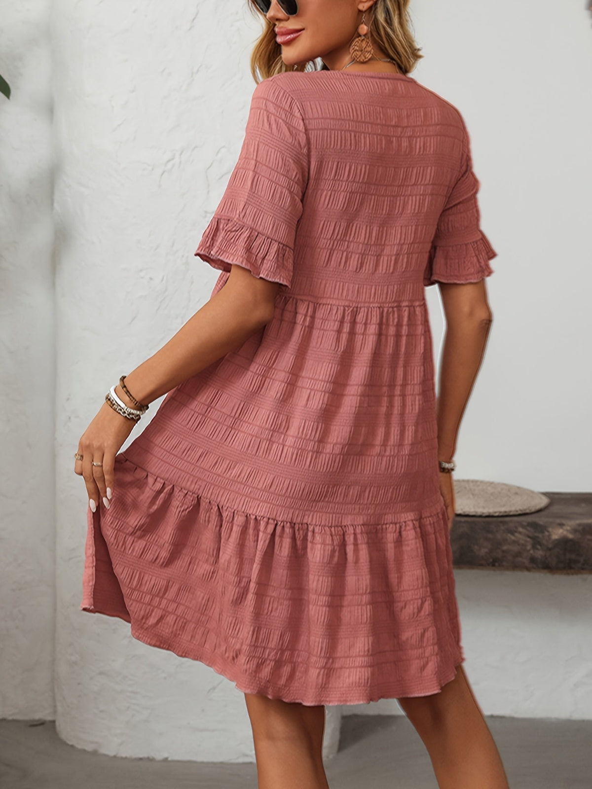Square Neck Ruffle Detail Knee-Length Casual Short Sleeve Flowy Dress