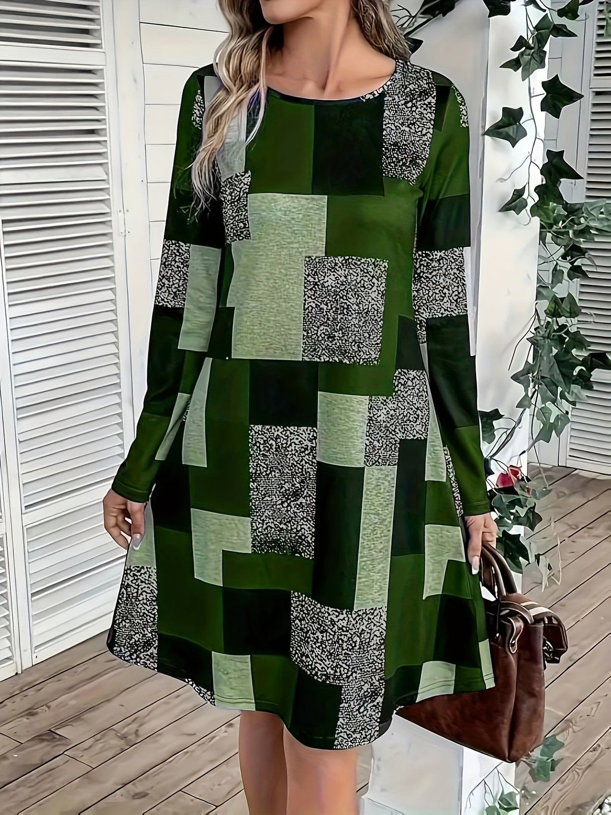 Women's Casual Crew Neck Long Sleeve Geometric Print Dress