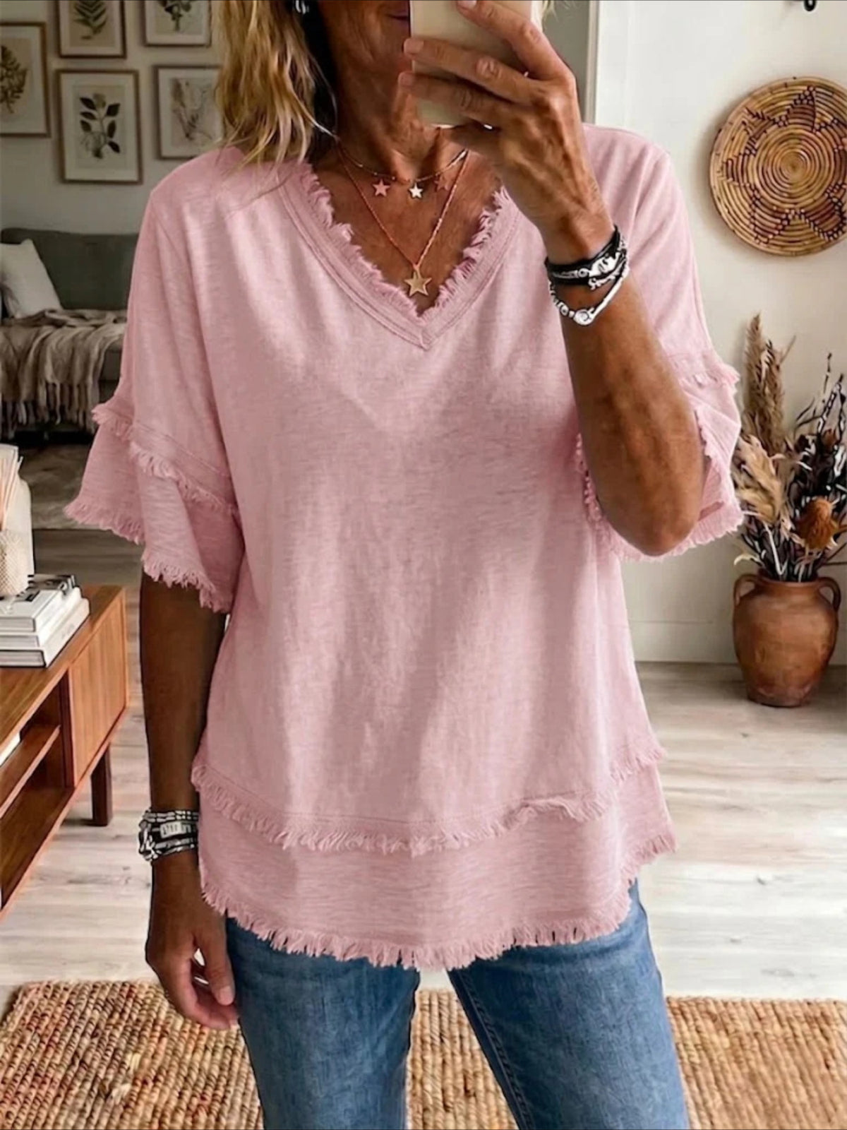 V Neck Pullover Short Sleeve Loose Casual Blouse