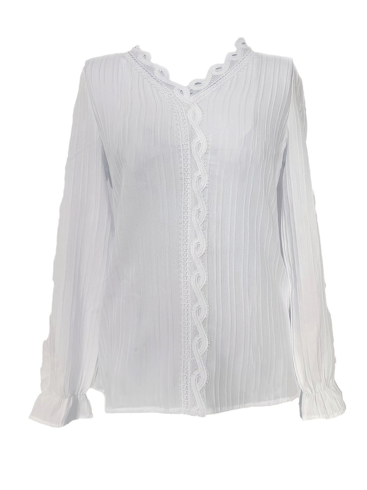 Contrast Lace Solid Blouse, Elegant V Neck Long Sleeve Blouse