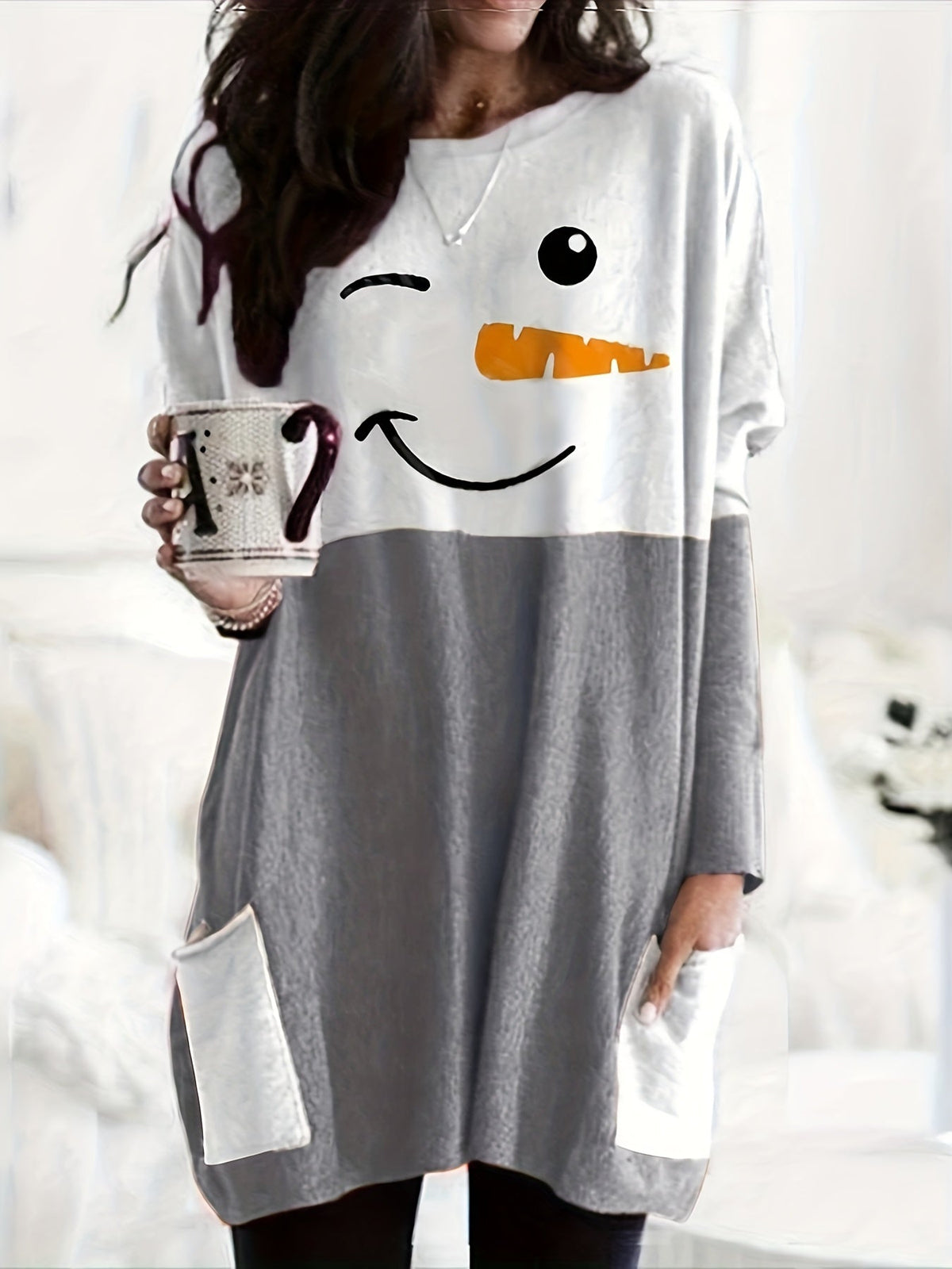 Christmas Cute Dress, Women's Snowman Print Long Sleeve Round Neck Tee Dress With Pockets