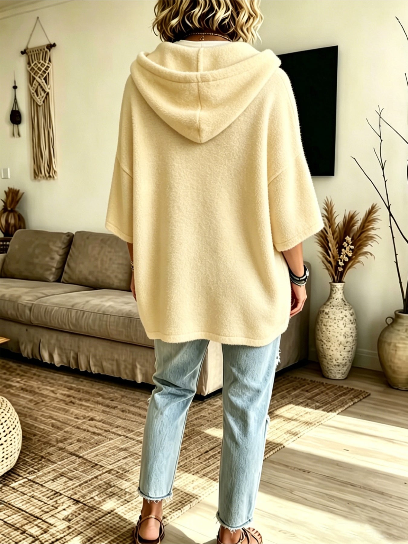 Loose 3/4 Sleeve Hooded Drawstring Bat-sleeved Sweatshirt