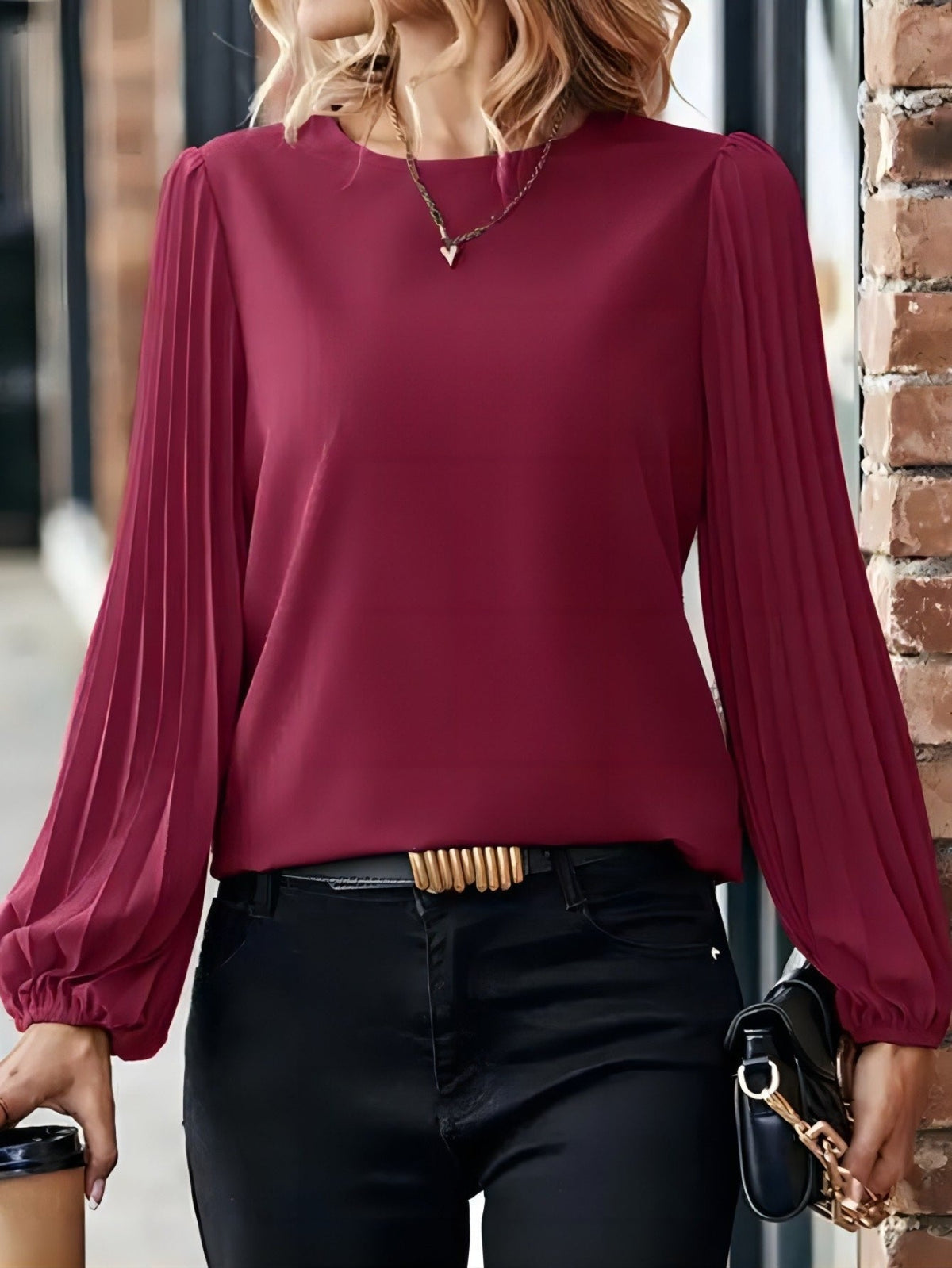 Elegant Round Neck Long Sleeve Blouse - Women's Polyester Shirt for Mature Ladies - Machine Washable, Non