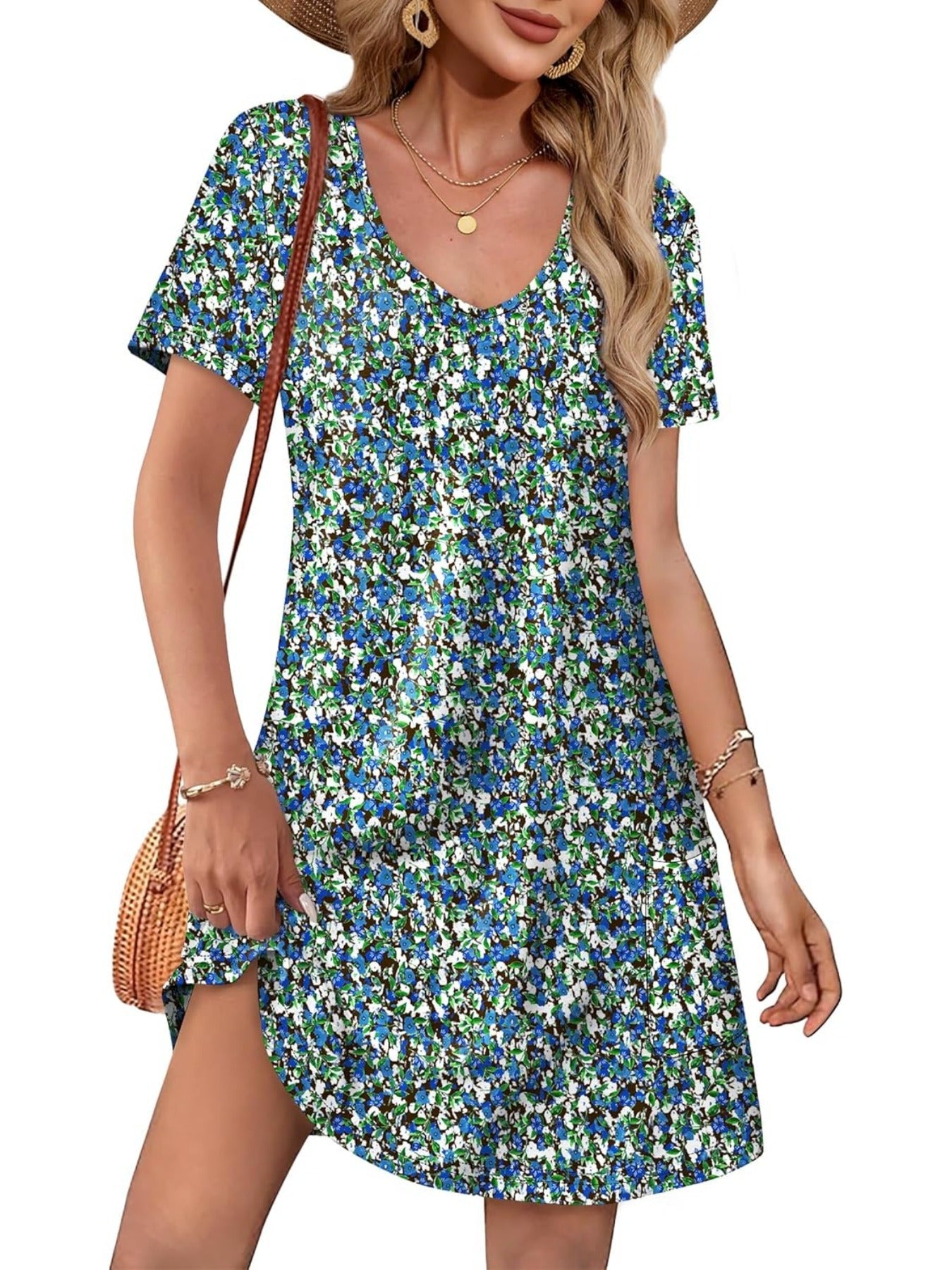 Loose V Neck Short Sleeve Casual T Shirt Dress