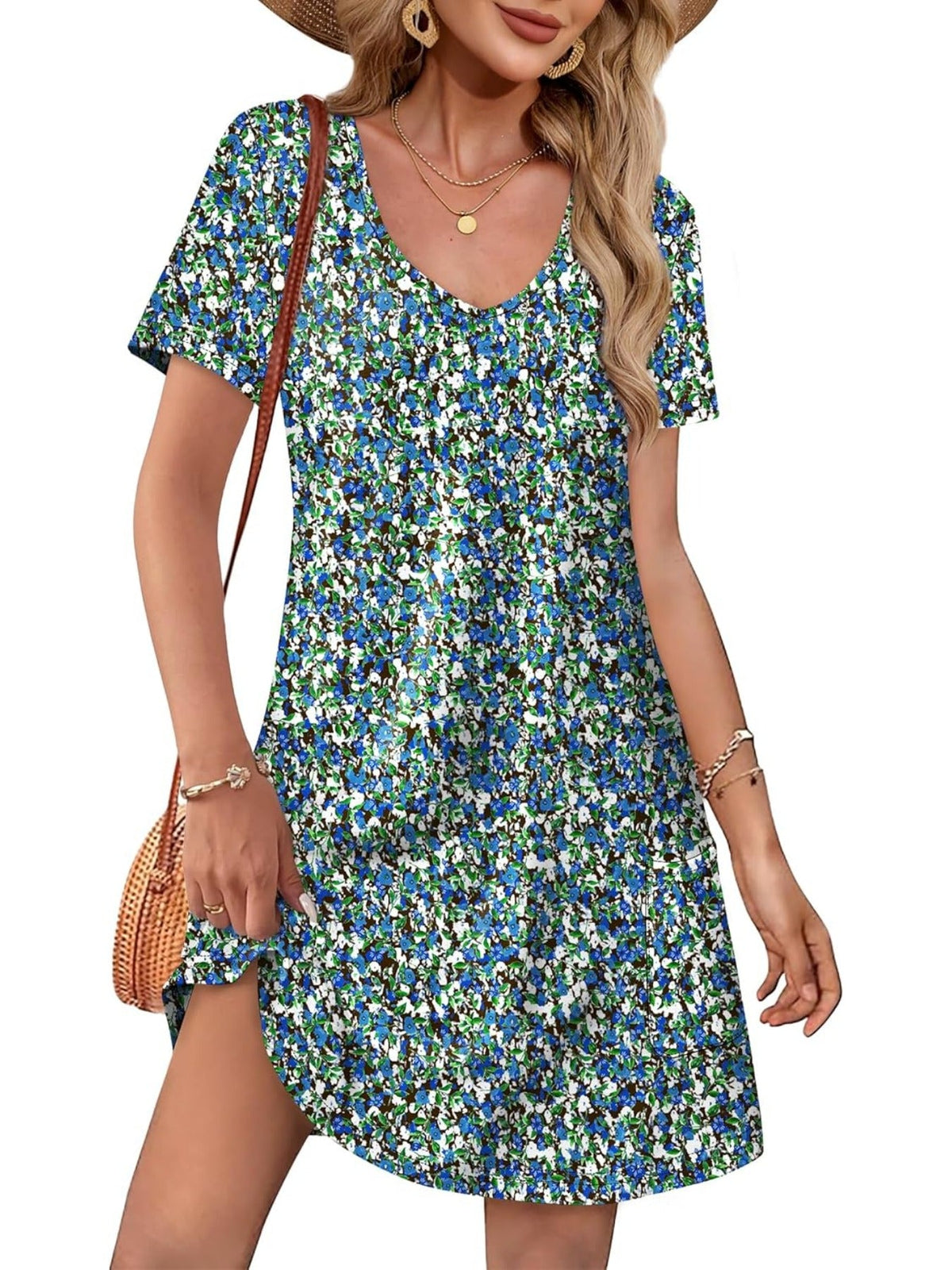Loose V Neck Short Sleeve Casual T Shirt Dress