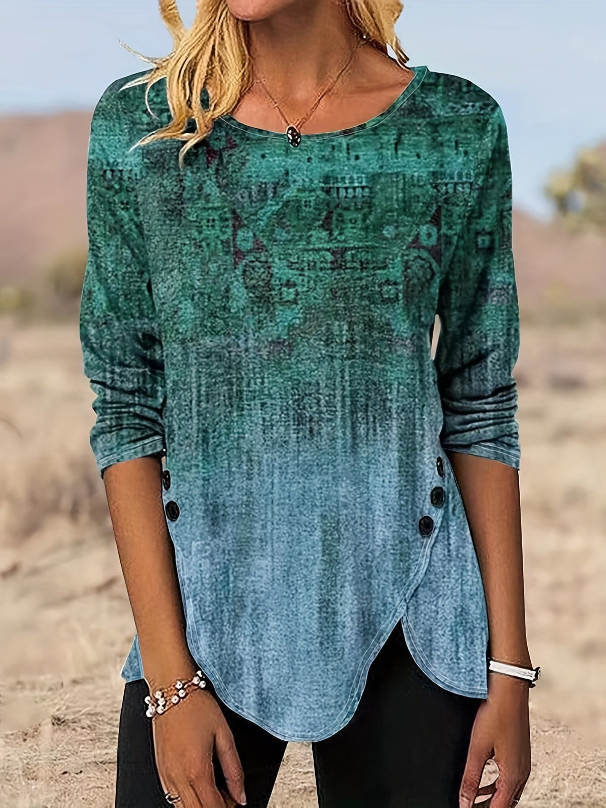 Graphic Print Buttons Front T-Shirt, Casual Long Sleeve Asymmetrical Hem T-Shirt