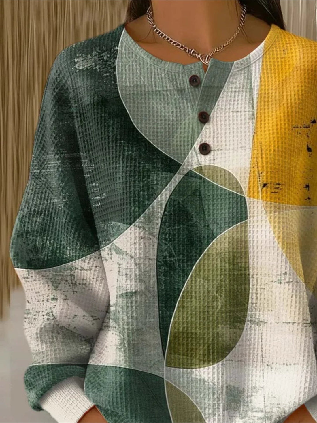 Colorful Ribbed V Neck Braided Print Long Sleeve Regular Sweatshirt