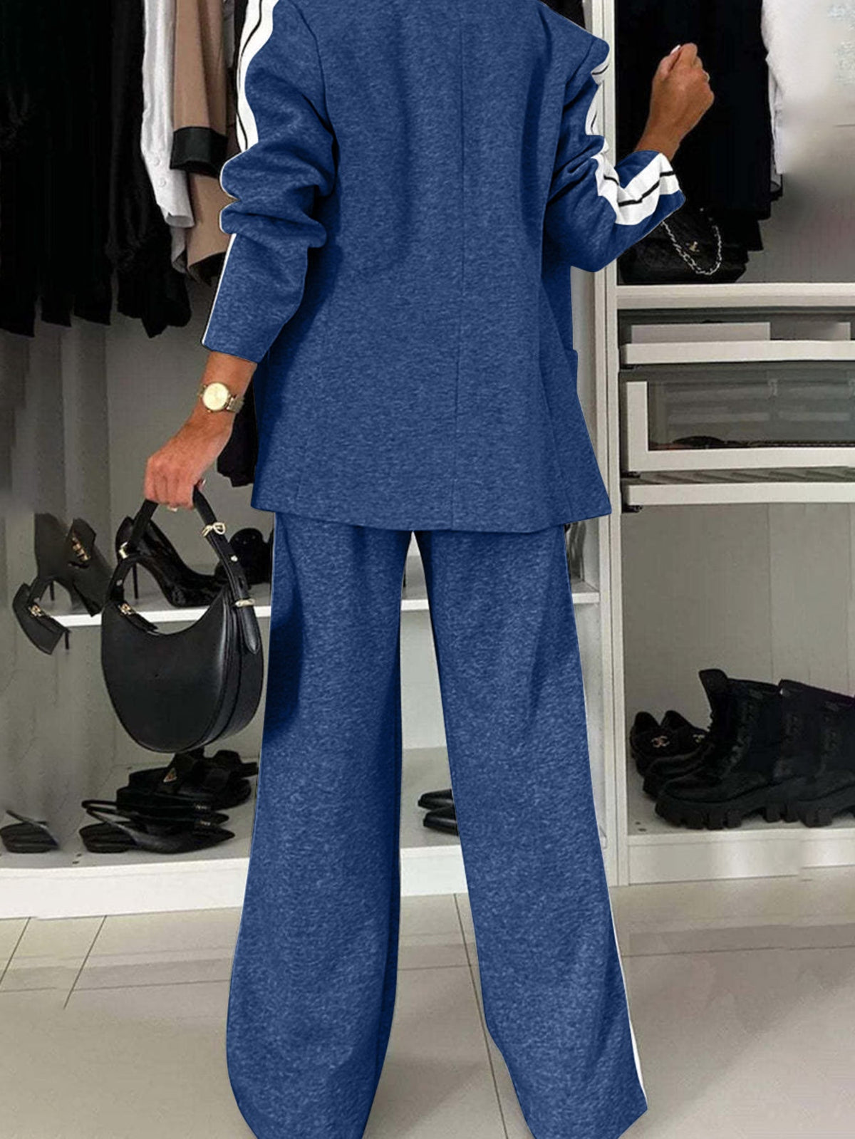 Full Size Contrast Lapel Collar Top and Pants Set