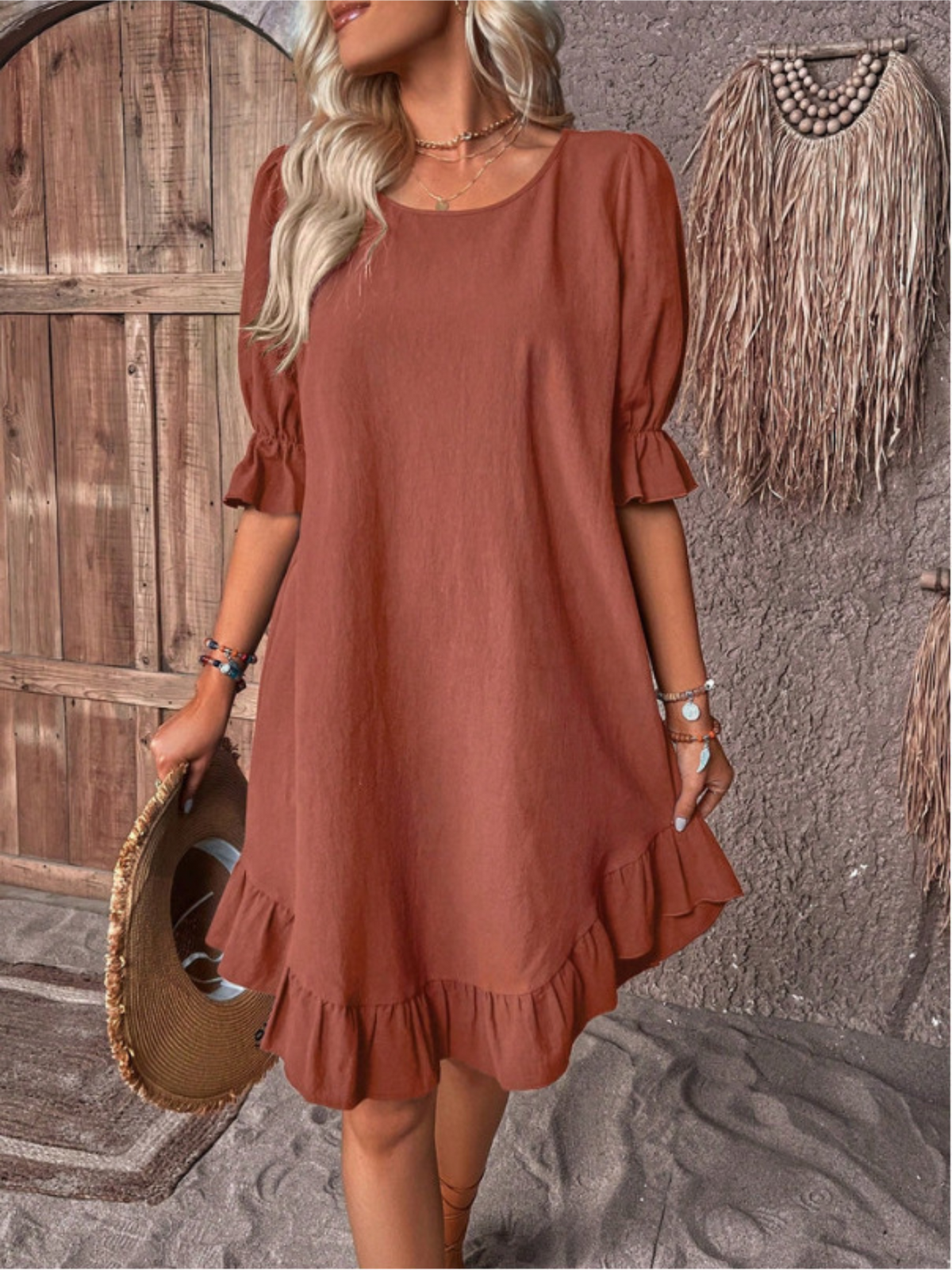 Loose Crew Neck Ruffle Dress, Casual Half Sleeve Solid Dress