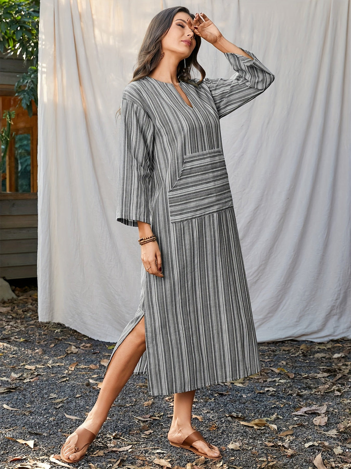 Striped Print Long Sleeve Dress - Relaxed Casual Style with Notch Neck