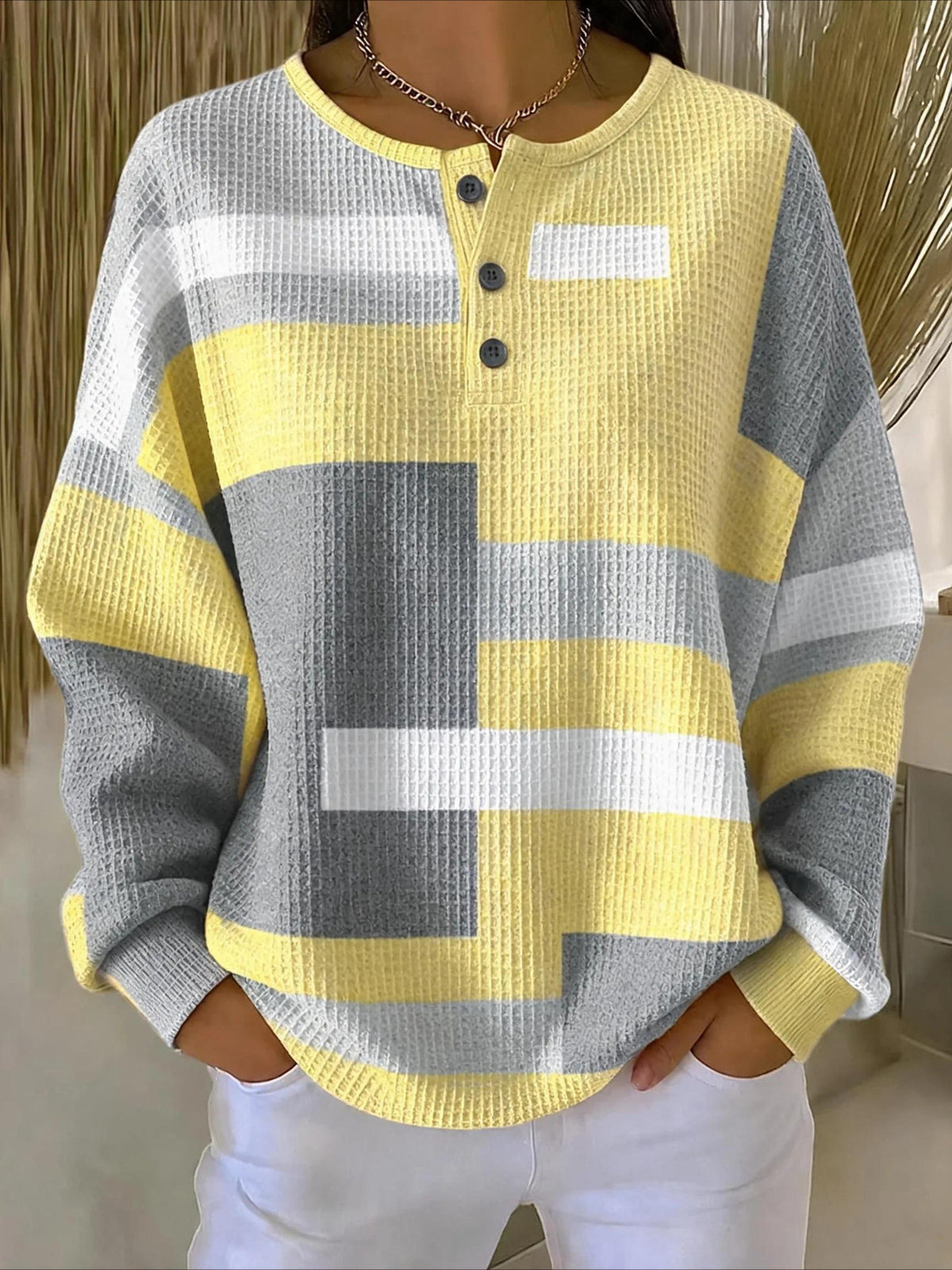 Abstract Graphic V Neck Long Sleeve Regular Tops