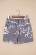 Gray Western Print Elastic Waist Cotton Denim Shorts