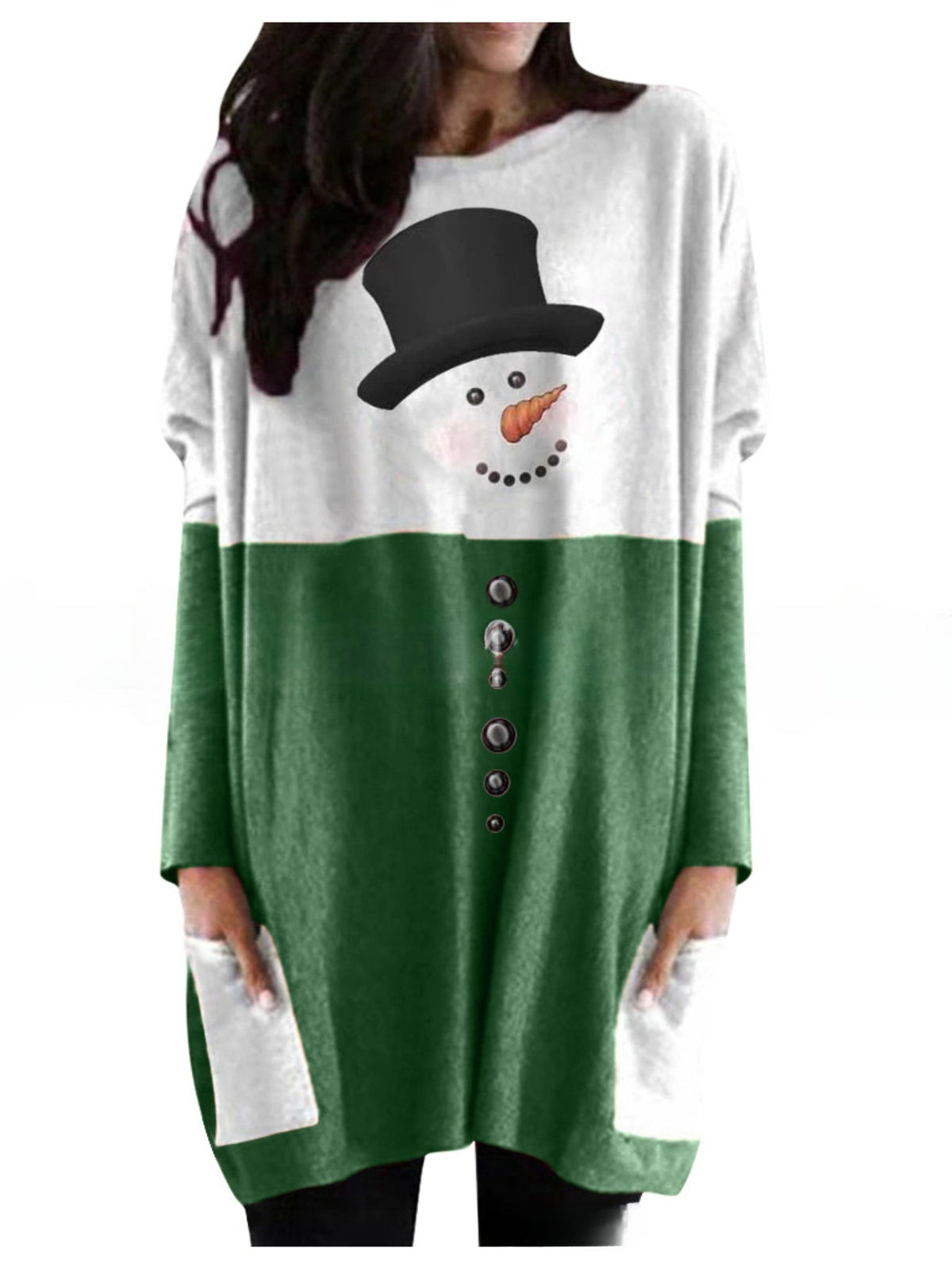 Christmas Cute Dress, Women's Snowman Print Long Sleeve Round Neck Tee Dress With Pockets