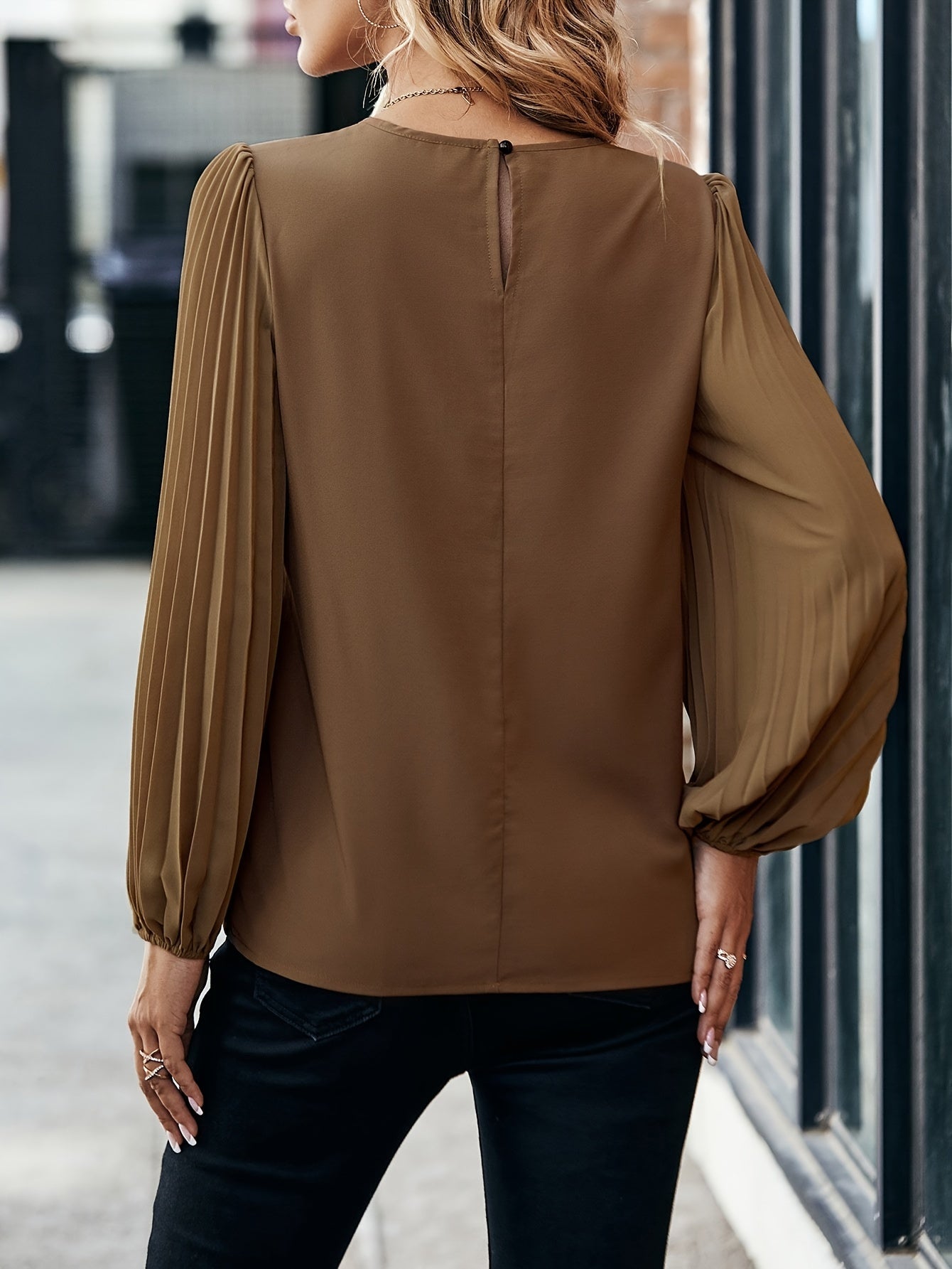 Elegant Round Neck Long Sleeve Blouse - Women's Polyester Shirt for Mature Ladies - Machine Washable, Non