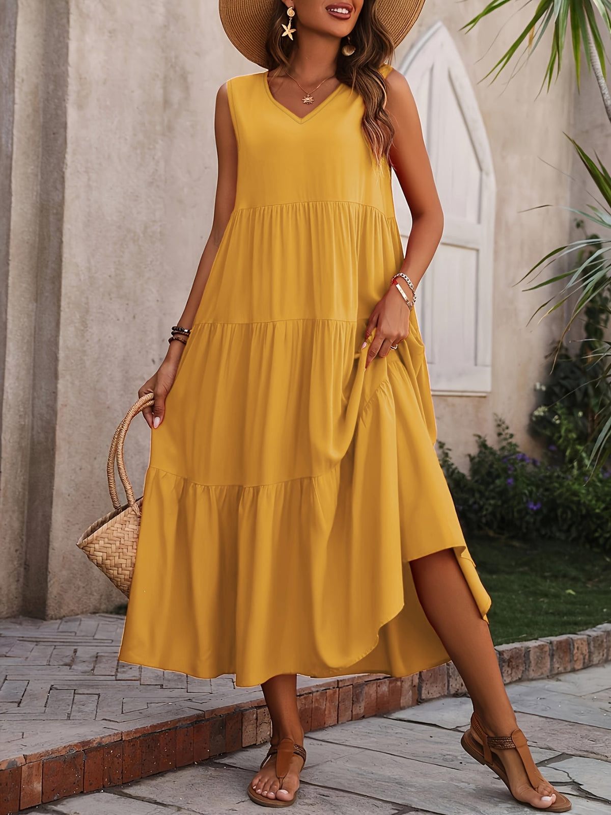 Loose V Neck Ruffle Hem Dress, Casual Sleeveless Dress