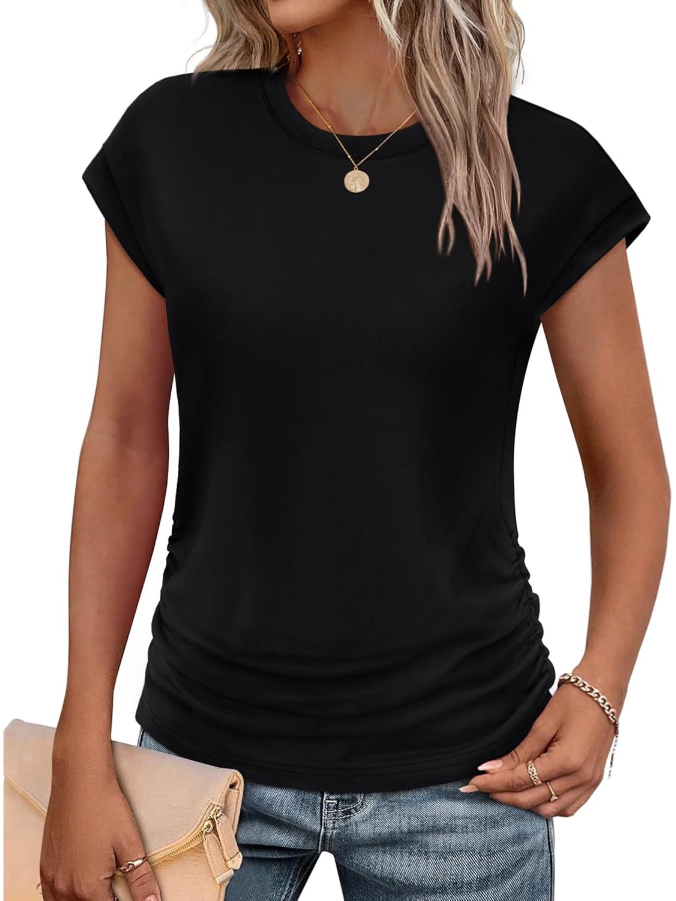 Solid Color Crew Neck Ruched Cap Short Sleeve T Shirts