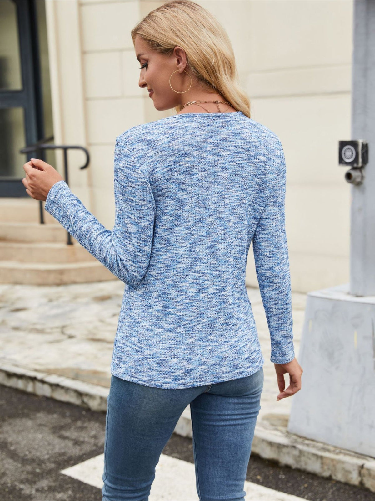 Elegant V-Neck Long Sleeve T-Shirt with Button Detail
