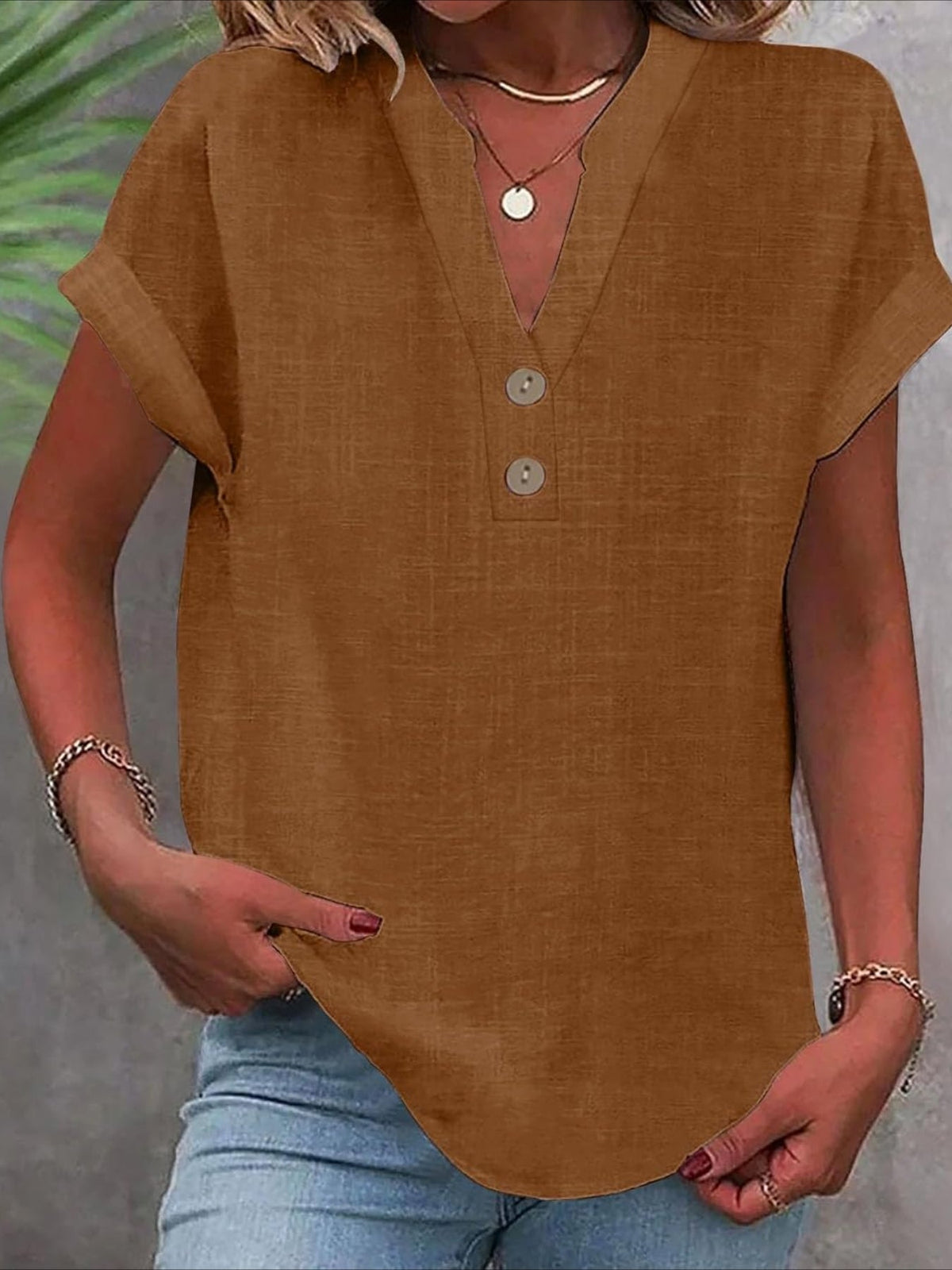 Solid Color V Neck Short Sleeve Button Down T Shirts