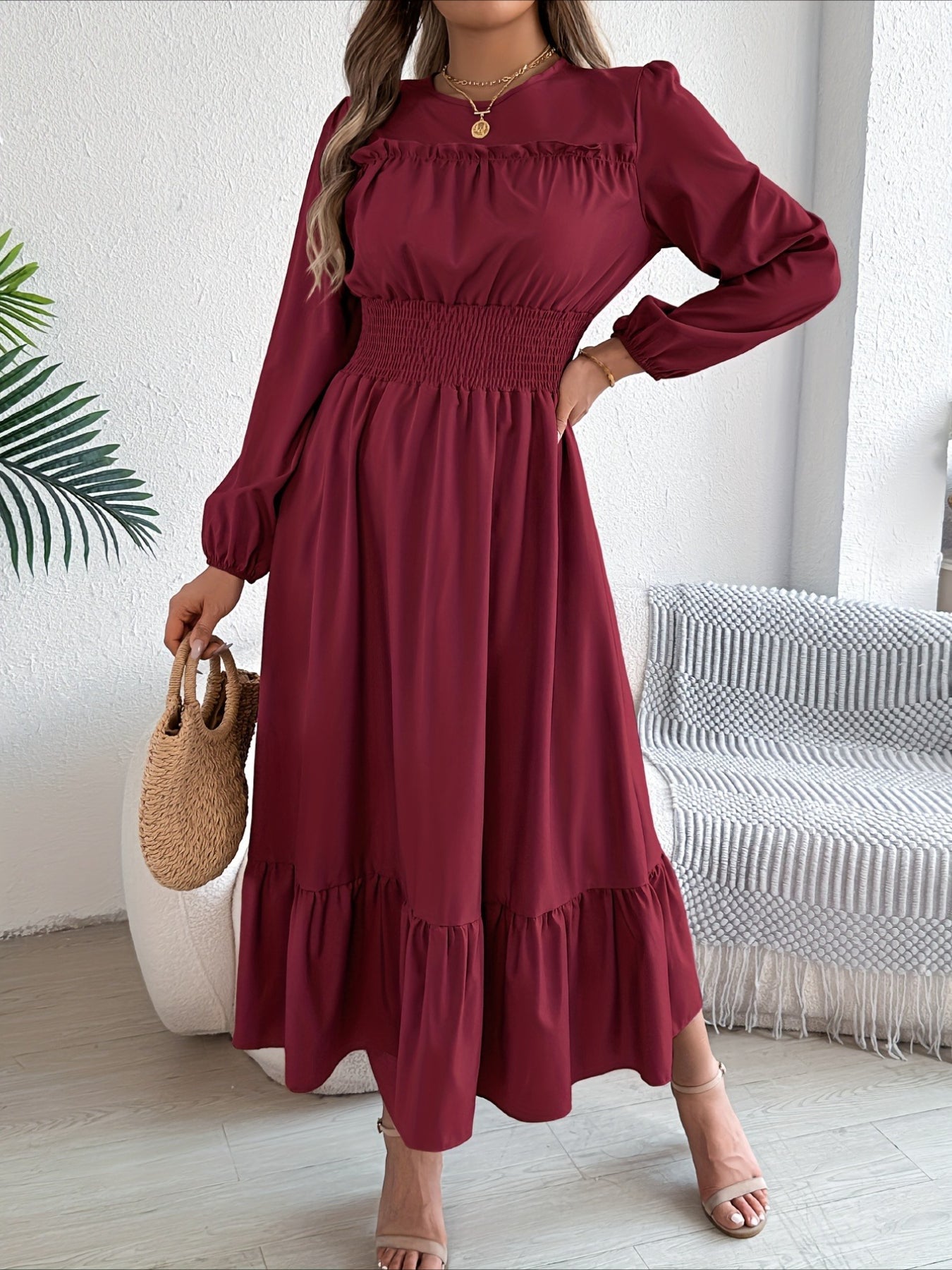 Elegant Long Sleeve Hem Round Neck Dress