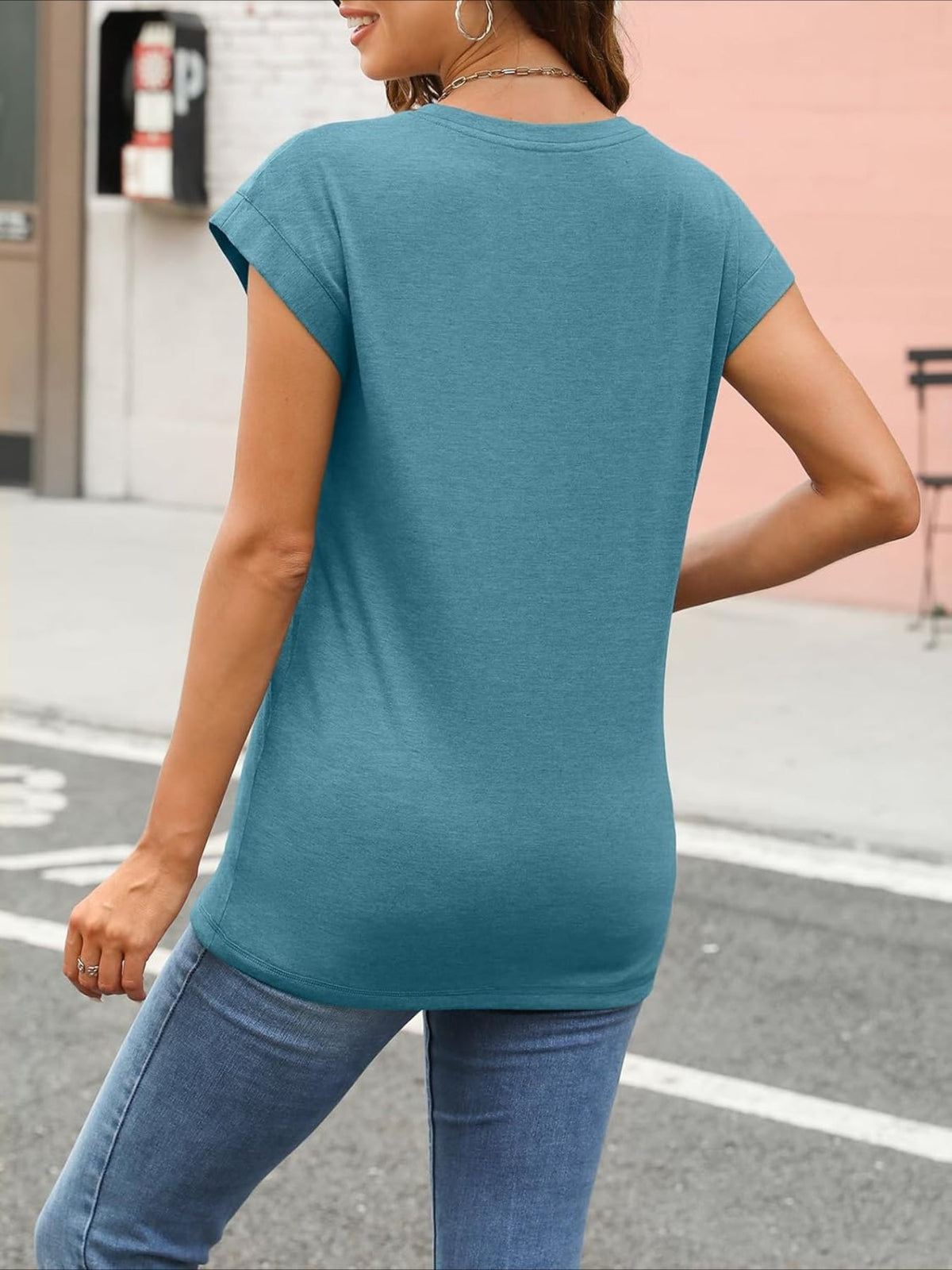 Solid Color Round Neck Cap Sleeve T Shirts