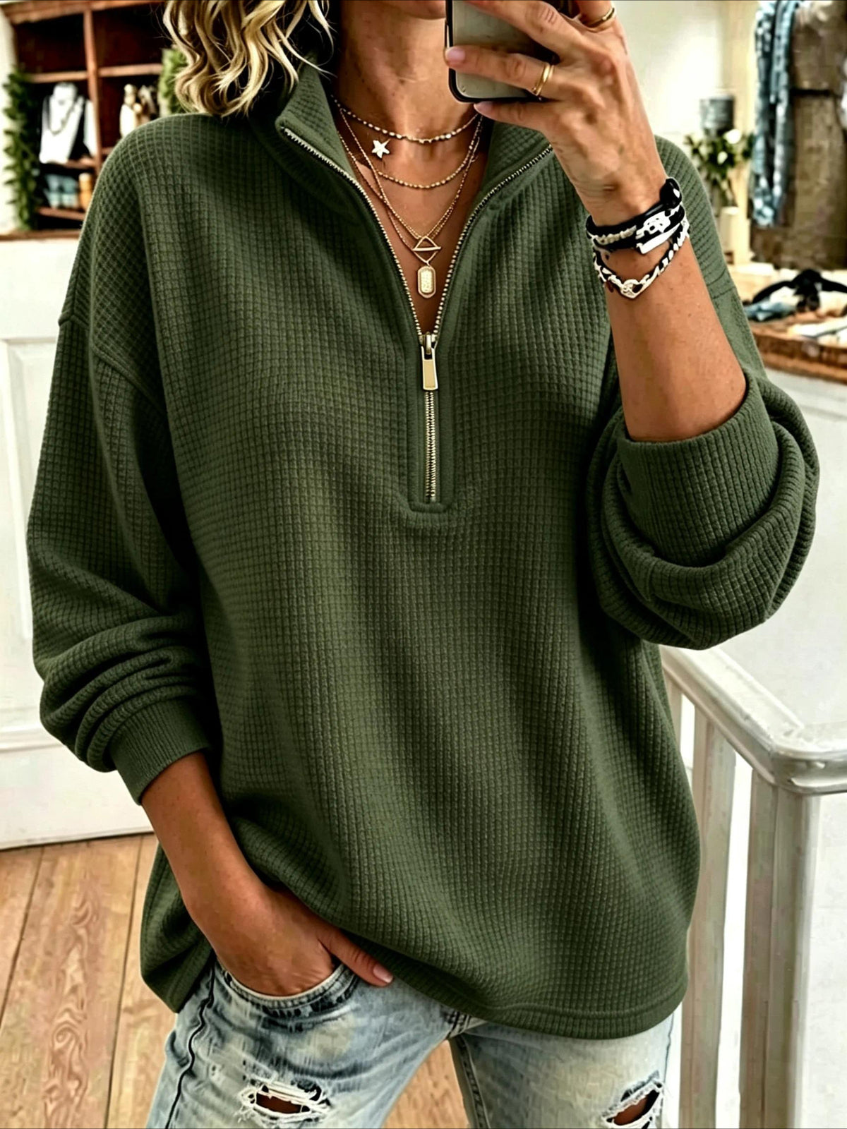 Solid Color Casual Plain Mock Neck Sweatshirt