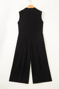 Black Half Buttons Sleeveless Wide Leg Textured Jumpsuit