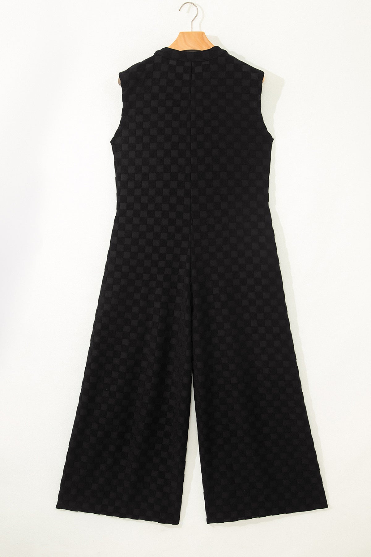 Black Half Buttons Sleeveless Wide Leg Textured Jumpsuit