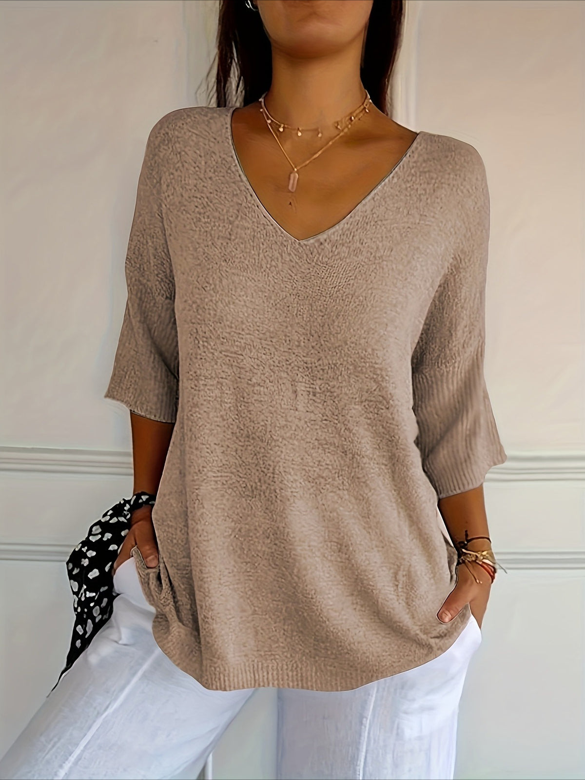 Lightweight Soft Casual 3/4 Sleeves V-Neck Sweater