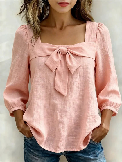 Square Neck Bow Detail Puff Sleeve Blouse