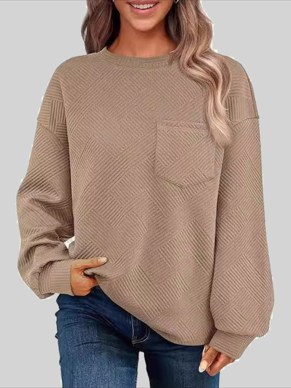 Textured Fabrics Long Sleeve Round Neck Sweatshirt