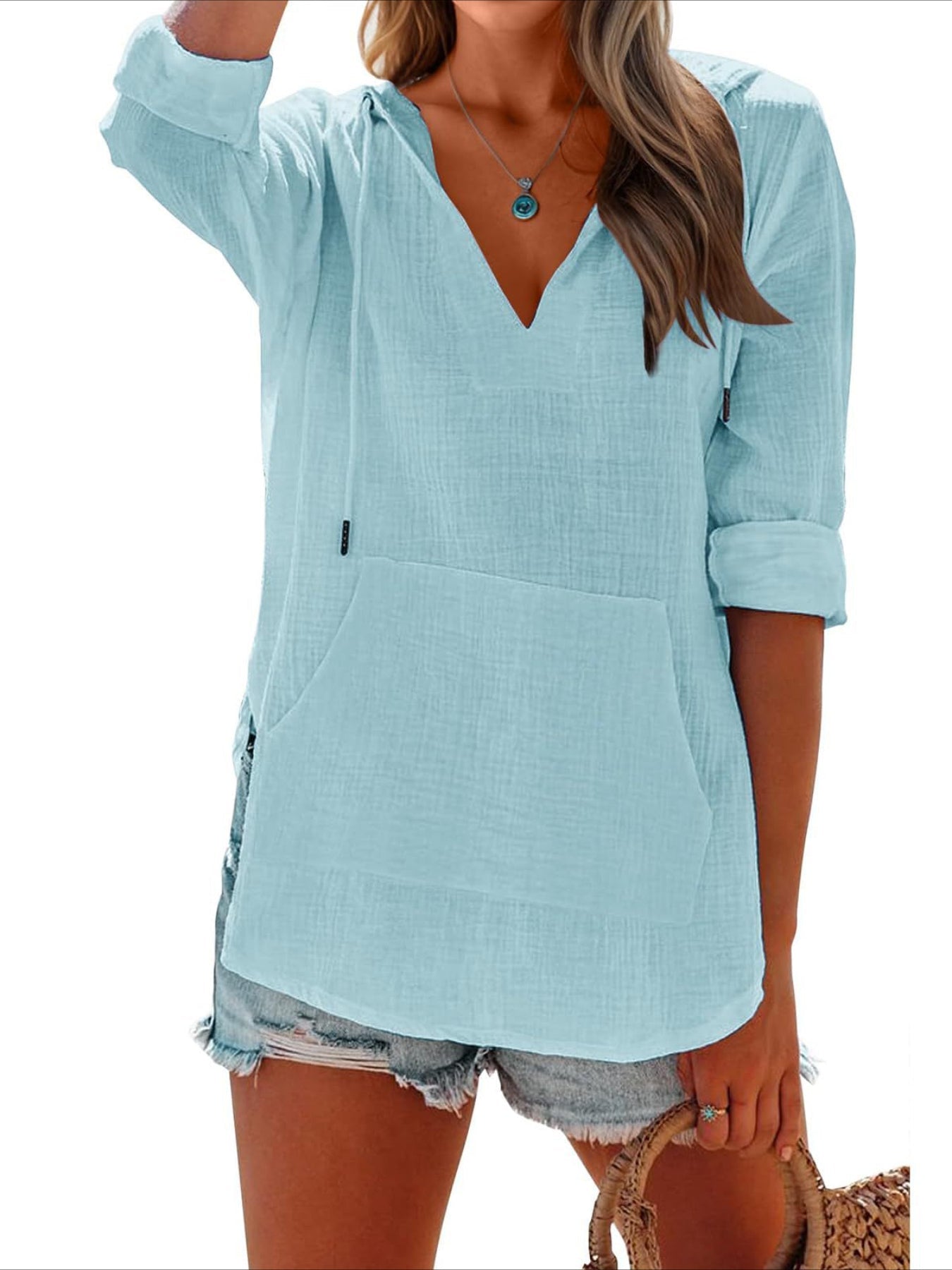 Long Sleeve V Neck Pocketed Hooded Sweatshirt